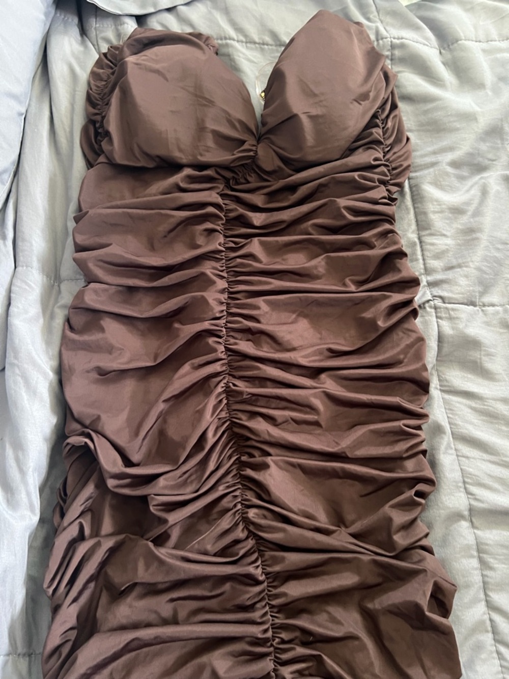 Fashion Nova Strapless Ruched Dress in Chocolate Brown